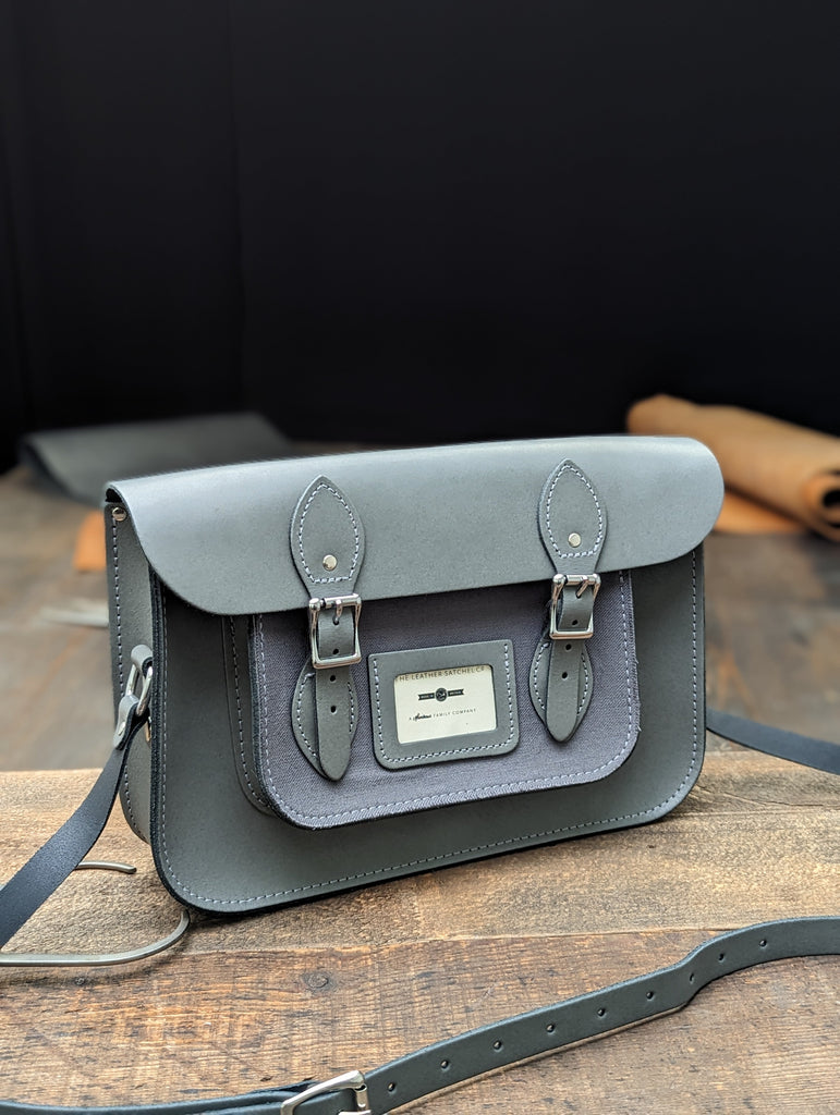 12.5" Classic Satchel made from Greystoke Granite Leather and a Grey Heavy Cotten Fabric Pocket (MMRP £145)