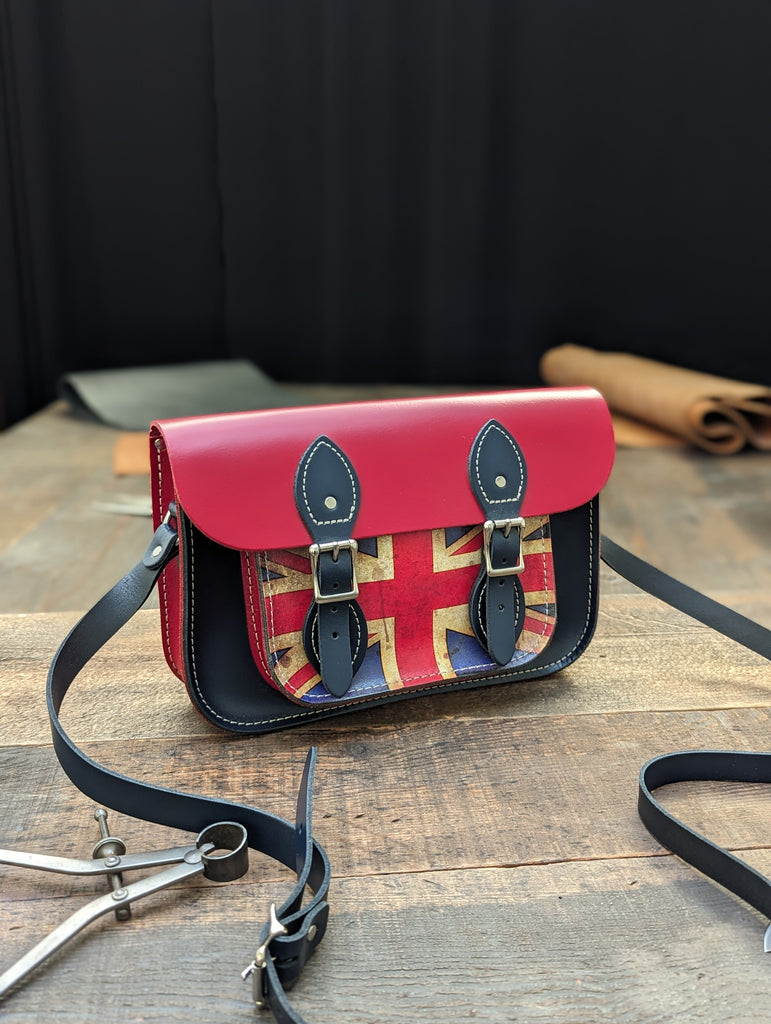 11" Classic Satchel with Hidden Magnetic Fasteners made from Pillarbox Red and Loch Blue Leather with a Vintage Style Union Jack Pocket (MMRP £140)