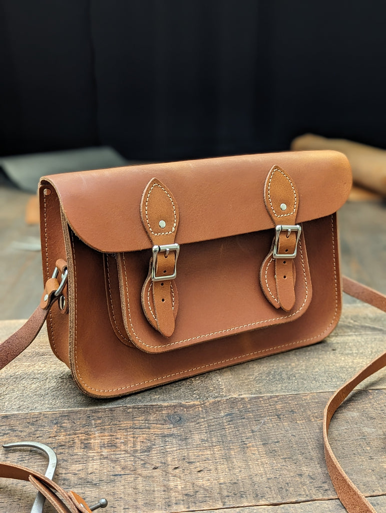 12.5" Classic Satchel with Hidden Magnetic Fasteners and no address card window made from Distressed Bowthorpe Oak Leather (MMRP £135)