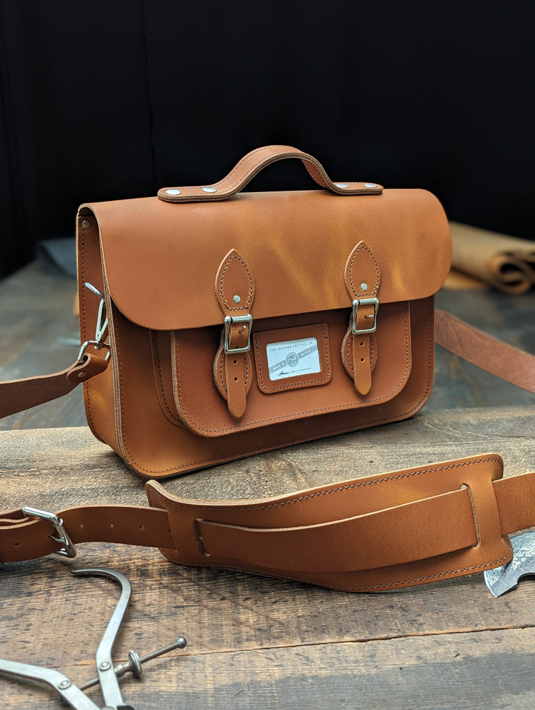 14" Classic Satchel with Hidden magnetic Fasteners, a Bolt-On Handle, Full Inner Slip Pocket, Outer Slip Pocket, upgraded 38mm Shoulder Strap and Shoulder Pad made from Distressed Bowthorpe Oak Leather (MMRP £234)