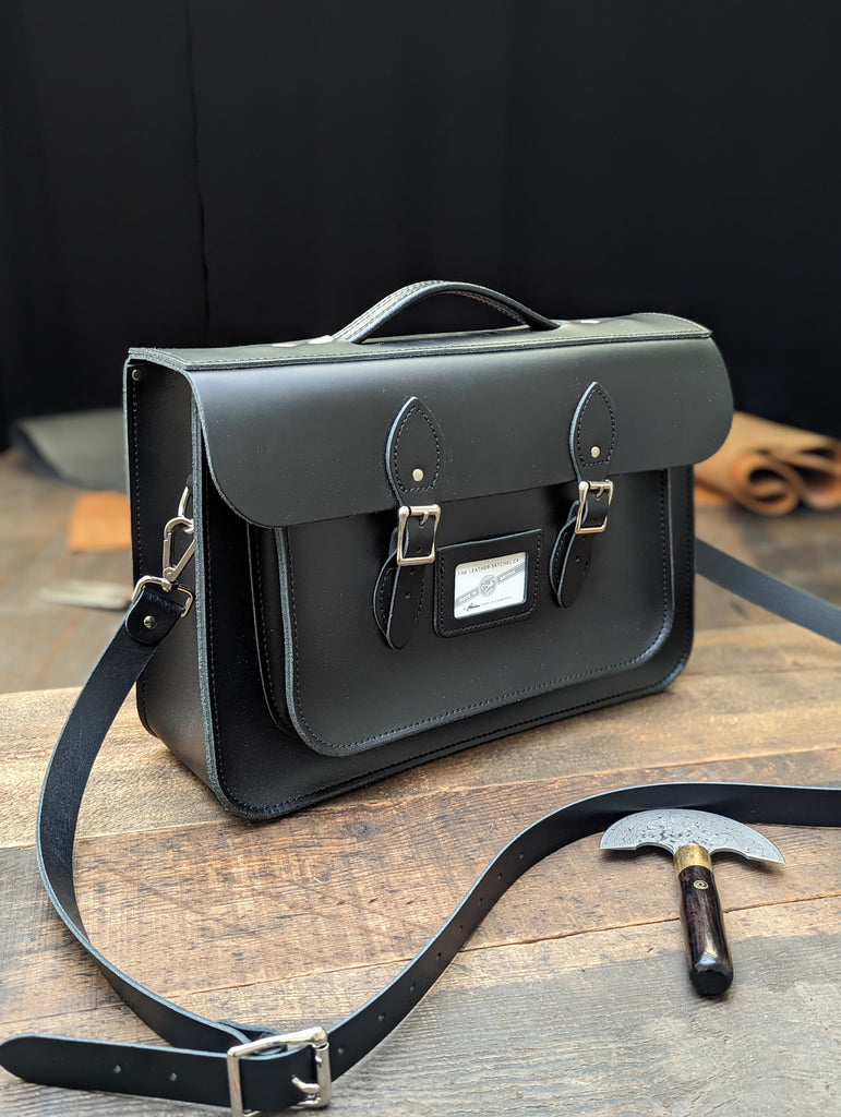 15" Briefcase Satchel with Outer Slip made from Charcoal Black Leather (MMRP £206)