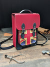 Medium Portrait Backpack with Hidden Magnetic Fasteners made from Pillarbox Red and Loch Blue Leather with a Vintage Style Union Jack Pocket (MMRP £233)