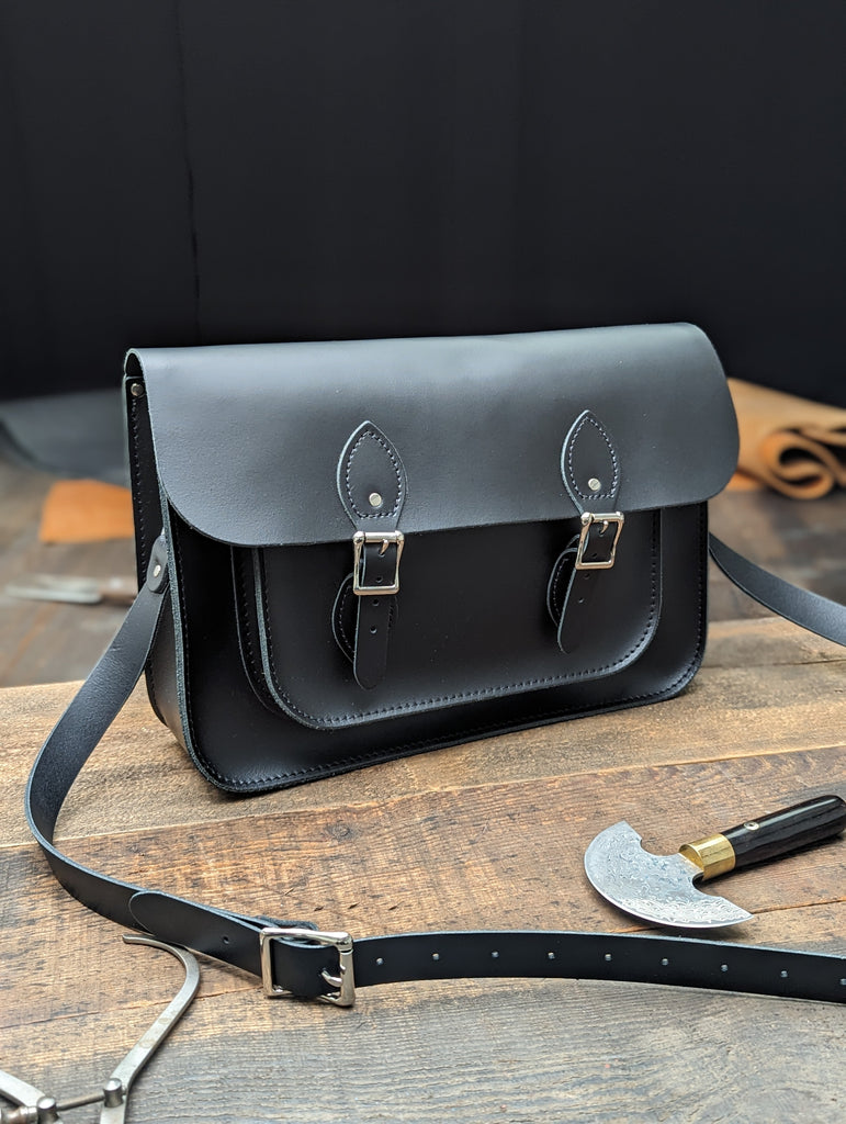 14" Classic Satchel with Outer Slip Pocket made from Charcoal Black Leather (MMRP £165)