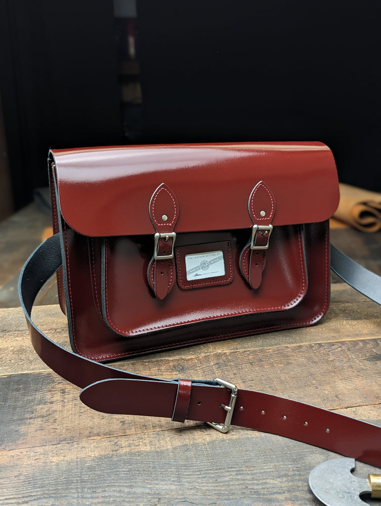 15" Classic Satchel with Hidden Magnetic Fasteners made from Patent Oxblood Leather (MMRP £160)