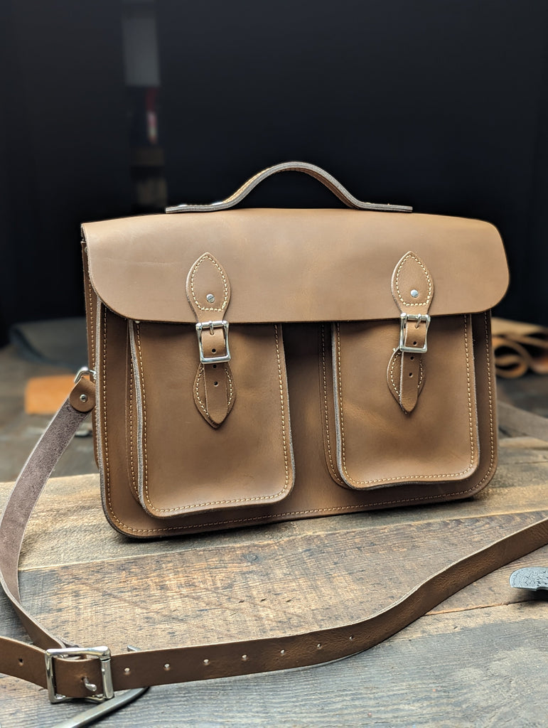 15" Classic Satchel with a Bolt-on Handle, Twin Front Pockets and Interchangeable Backpack Straps made from Distressed Bowthorpe Oak Leather (MMRP £227)