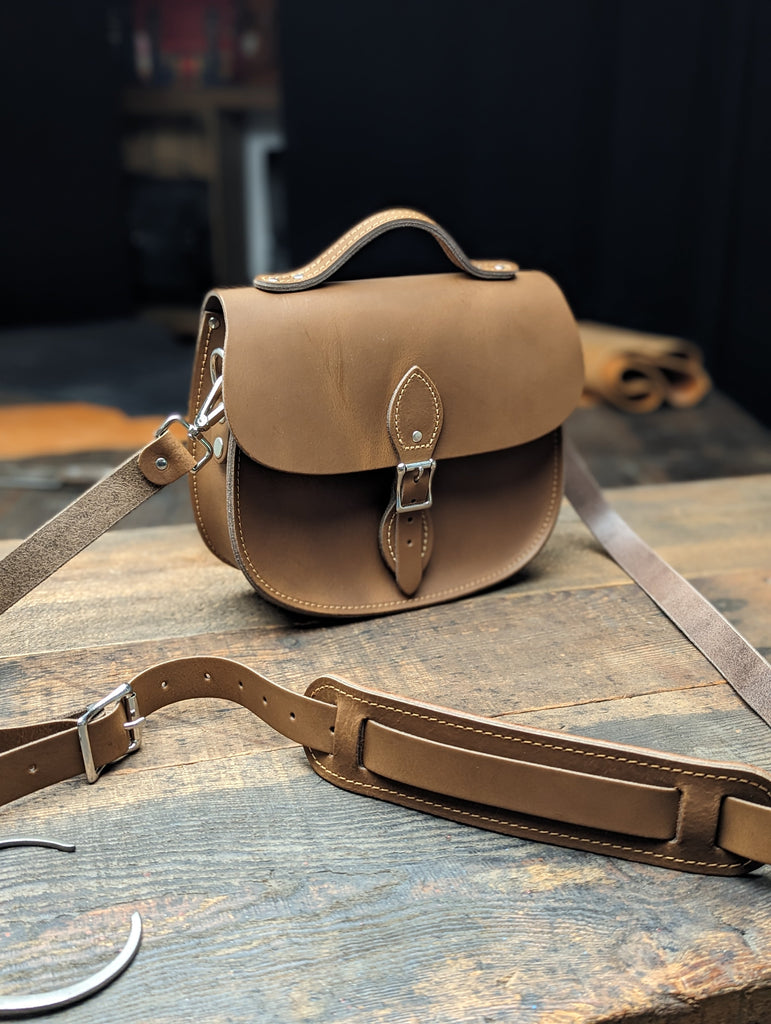 Medium Sporran a Hidden Magnetic Fastener, a Bolt-on Handle and detachable Shoulder Strap and Shoulder Pad, made from Distressed Bowthorpe Oak (MMRP £99)
