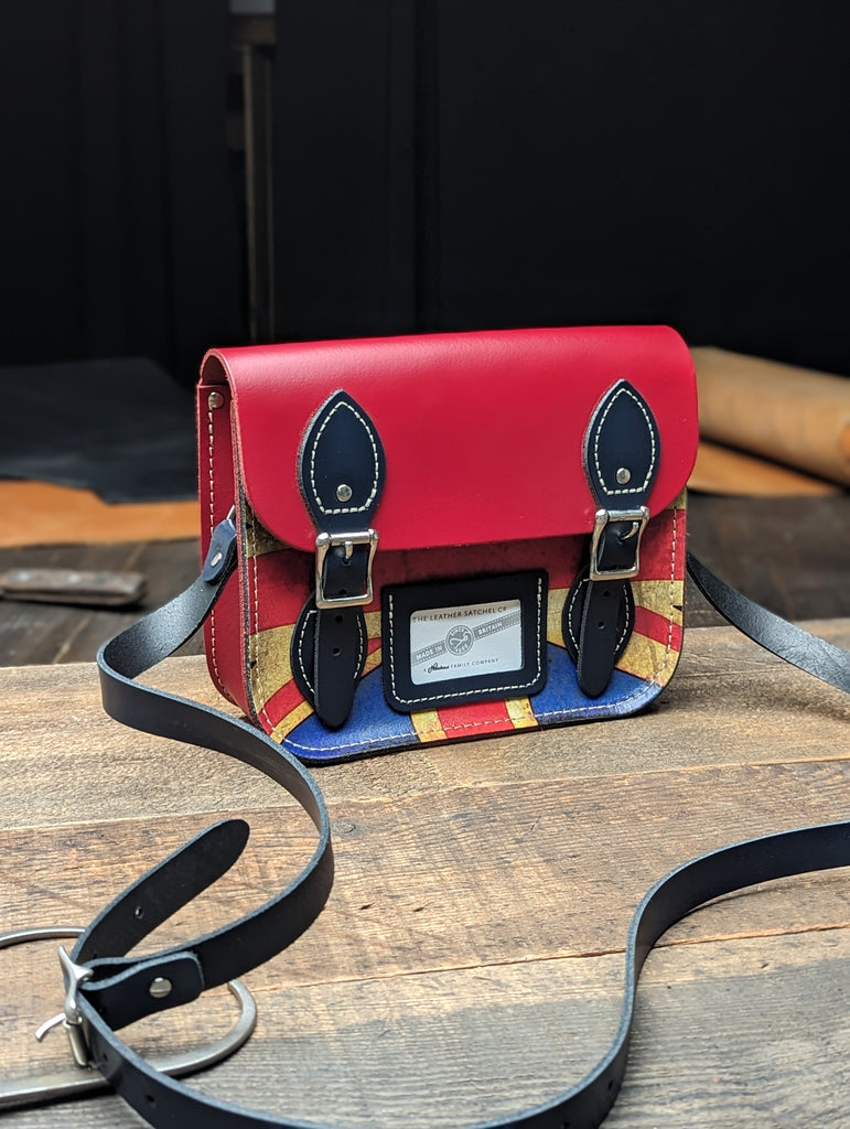 Festival Satchel in Pillarbox Red and Loch Blue with a Union Jack printed front panel (MMRP £99)