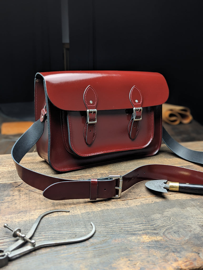 15" Classic Satchel with No Card Window and a 38mm Shoulder Strap in Patent Oxblood Red (MMRP £160)