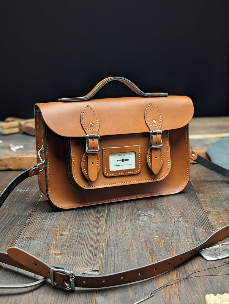 12.5" Classic Satchel with a Bolt-on Handle and Hidden Magnetic Fasteners and a Key Loop made from London Tan Leather (MMRP £157)