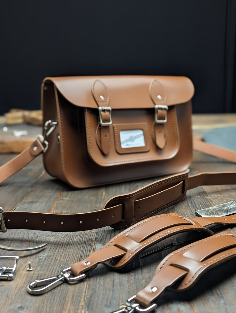12.5" Backpack Satchel with 25mm Volume Boost and an Interchangeable Shoulder Strap, all straps fitted Shoulder Pads made from Chestnut Brown Leather (MMRP £170)