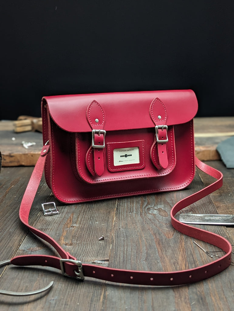 12.5" Classic Satchel with Hidden Magnetic Fasteners made from Pillarbox Red Leather (MMRP £135)